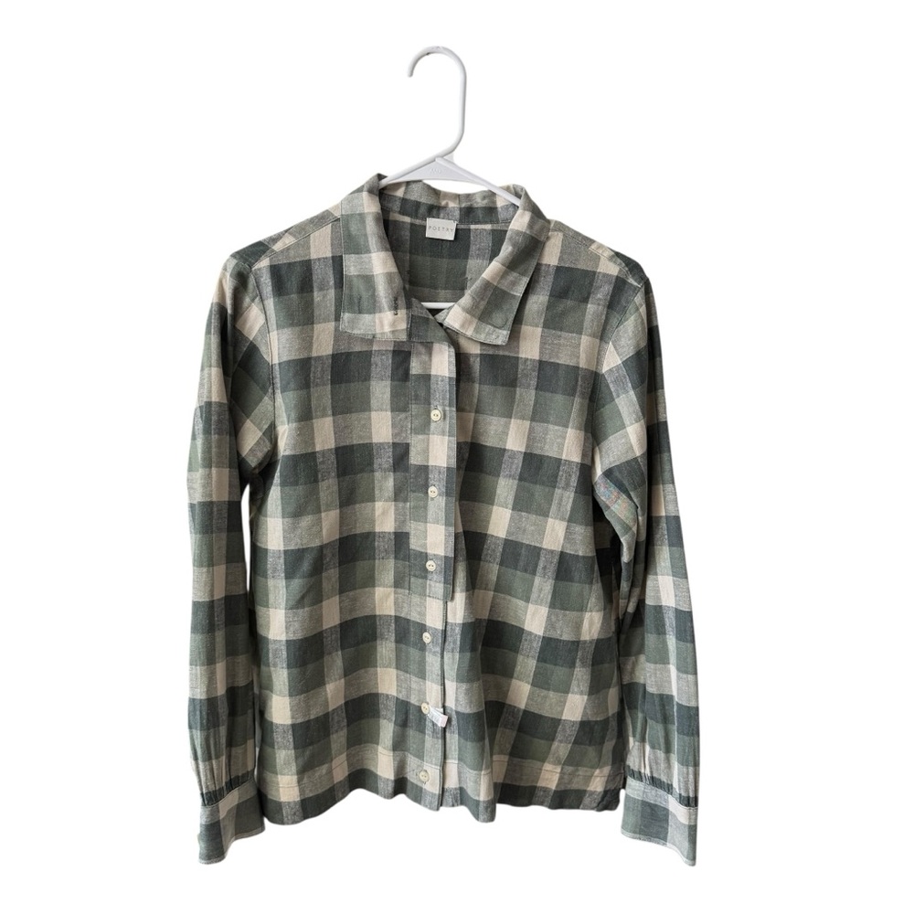 POETRY Hemp Cotton Plaid Button Up Blouse Top Size 8 Green Neutral